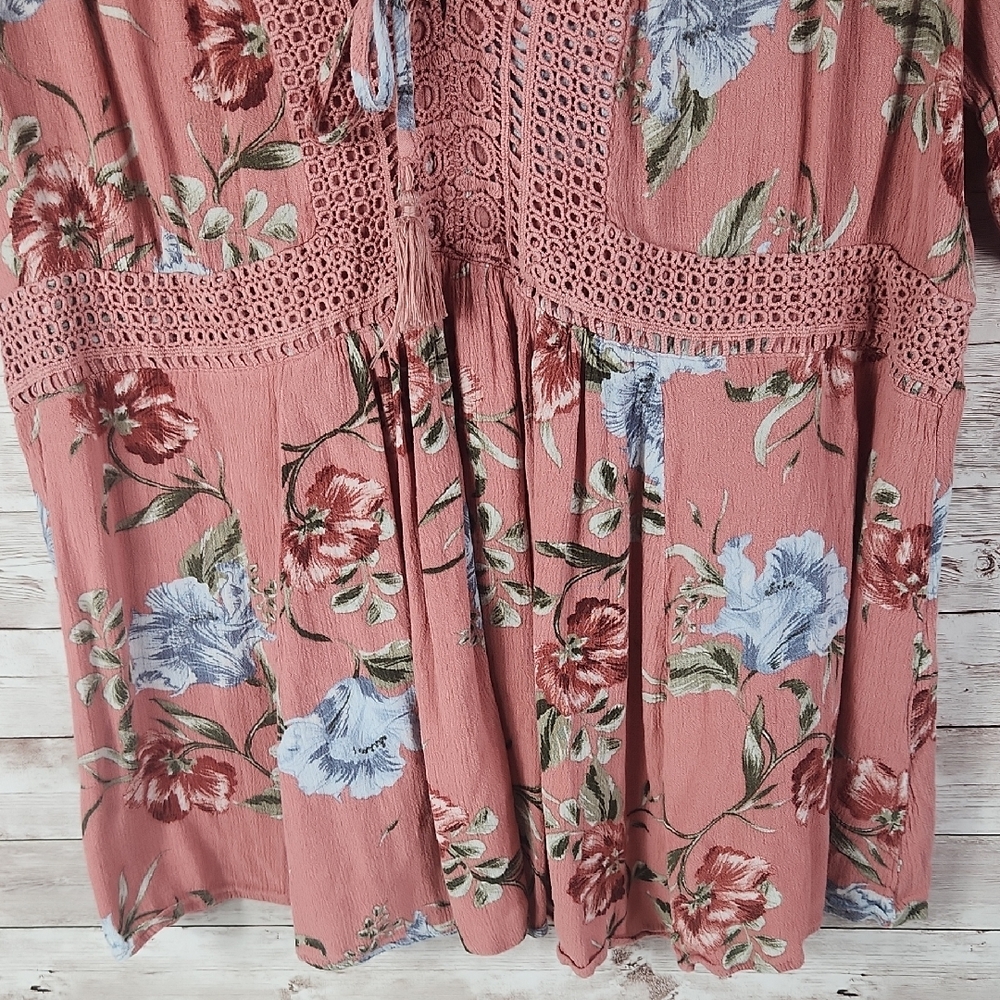 Torrid Pink BOHO Top, Embellished 3/4 Sleeve Blouse, With Tassel. - Picture 5 of 7
